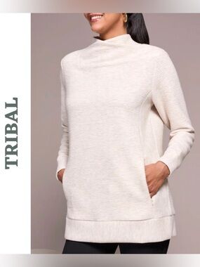 Tribal Sandstone Ribbed Cowl Neck Tunic Sweater Medium